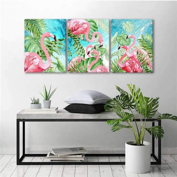 RUISHI Canvas Wall Art 3 Pieces Flamingo Boho Decor for Bedroom Animal Picture - Picture 5 of 6